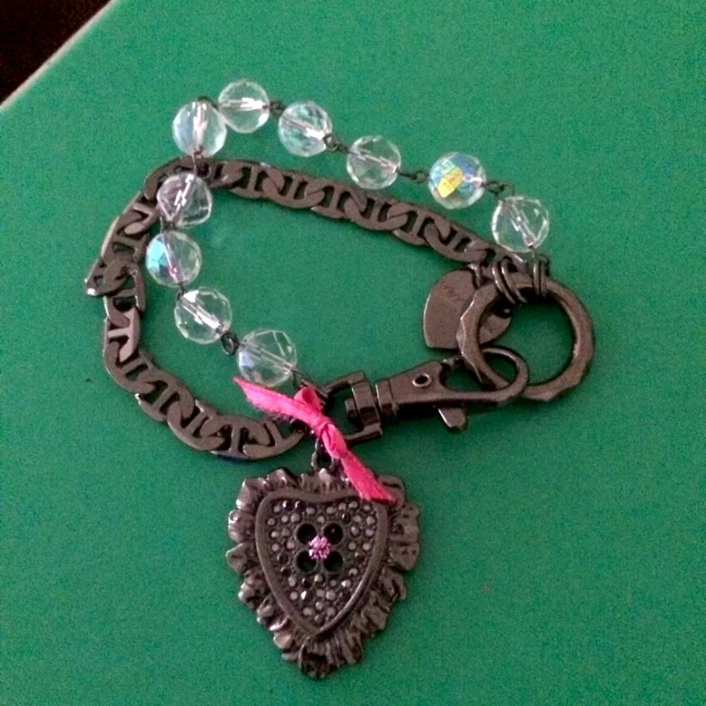 Betsey Johnson Silver Bracelet Jeweled Heart Charm